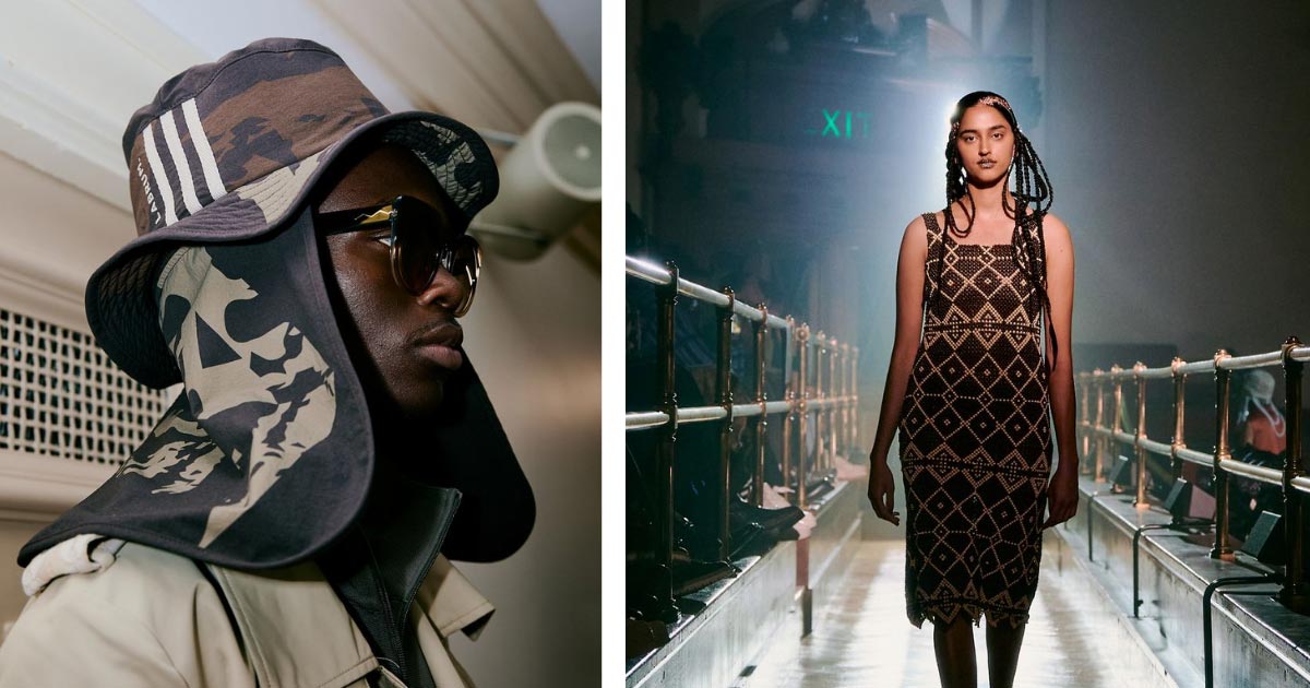 Model walking the runway in bold, avant-garde outfit at London Fashion Week 2025