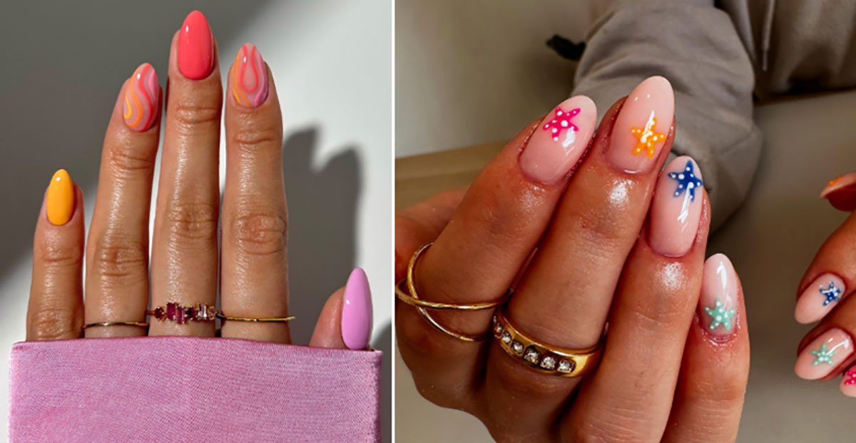 A split image showing two different colourful nail art designs on almond-shaped nails: one featuring vibrant pink, orange, and yellow retro swirls, and the other featuring multi-coloured dotted starfish on a neutral base.
