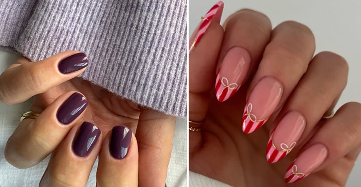 ALT TEXT : A side-by-side comparison of two nail art styles: the left shows short, square nails with a glossy deep plum purple polish; the right shows long, almond-shaped nails featuring a nude base with red and pink striped tips decorated with tiny white bows.