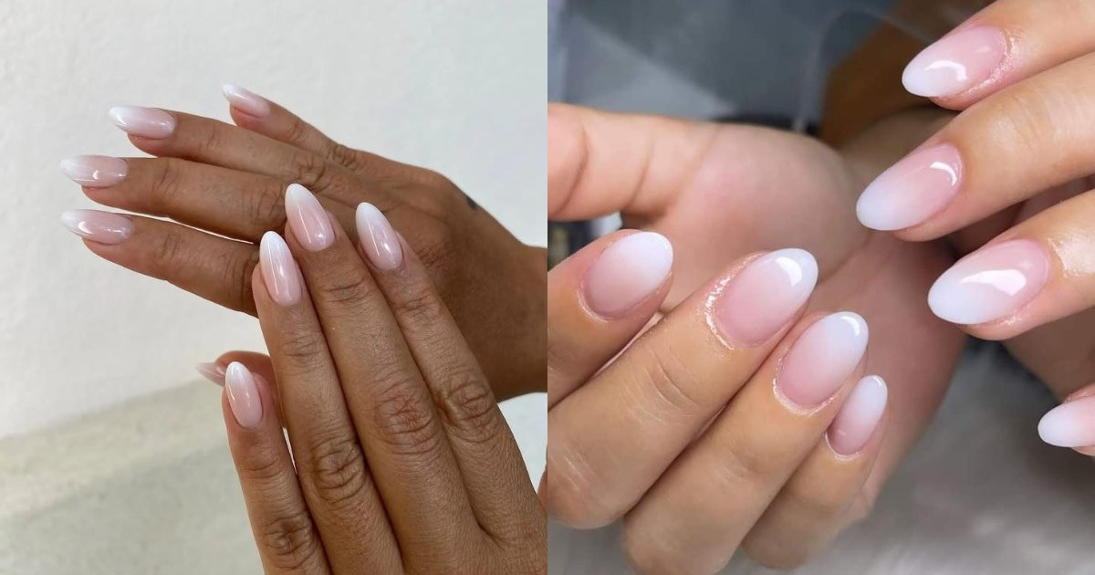 BIAB nails with a subtle ombre from pink into white