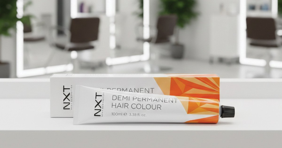 Professional product shot of NXT Demi Permanent Hair Colour tube and box with orange geometric designs on a clean white salon shelf.